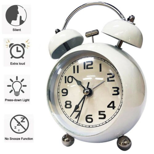 Vintage Extra Loud Alarm Clock Twin Bell Battery Analogy Backlight Bedroom White