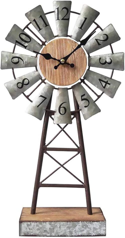 Vintage Farmhouse Table Clock on Stand, Galvanized Windmill Desk Clock, Decorati
