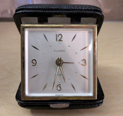 Vintage Florn Alarm Clock Folding Travel Black Leather Case Germany WORKS!!!