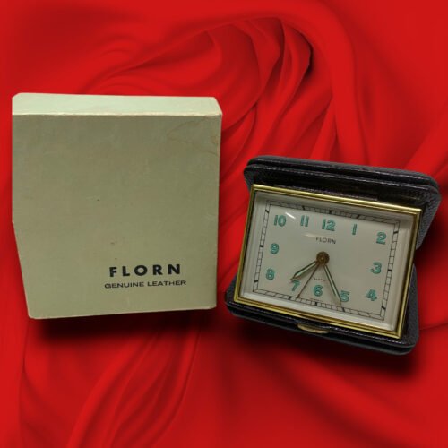 Vintage Florn Brown Leather Travel Alarm Clock #70 Germany Luminous Dial Boxed