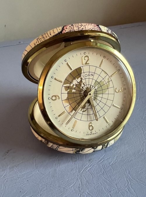 Vintage Florn Germany Alarm Travel Clock, World map Case
