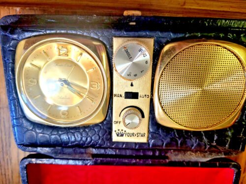 Vintage Four Star Travel Alarm Clock & Radio Leather Case.