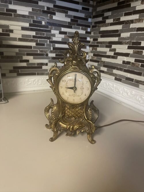Vintage French Style Electric Mantel Clock ,Gold Scroll Brass Plated. Tested.