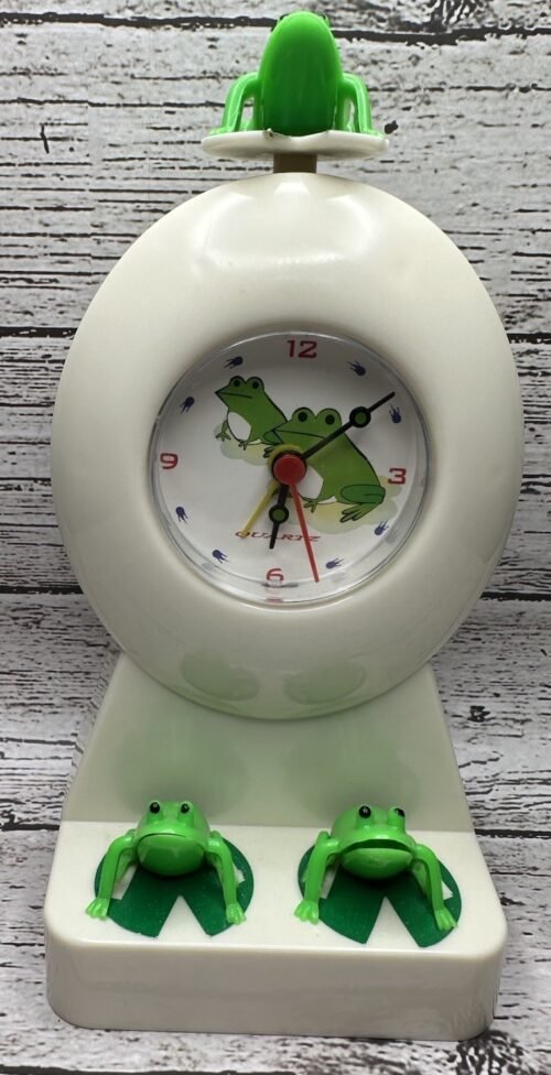 Vintage Frogs Happy Swing Alarm Clock Animated Moving Novelty Plastic w/Box