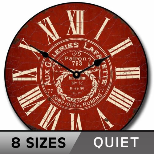 Vintage Galeries Red Clock, large wall clock, Ultra Quiet, 8 sizes Life Warranty