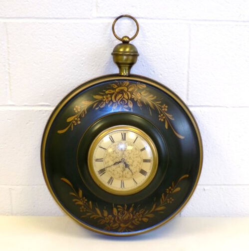 Vintage Georgian Tole Wall Clock 14.5" Green Gold Floral Metal Tested Working