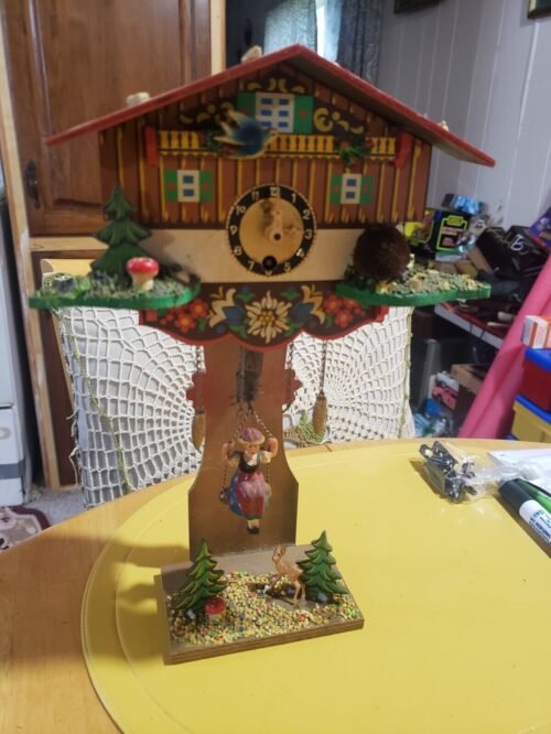 Vintage German Bavaria Wind Up Wooden Painted Cuckoo Clock Girl Swing 12" NO Key