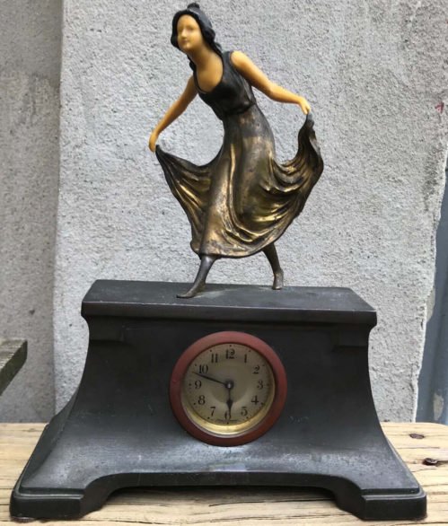 Vintage German Iron Pedestal Art Deco Clock Flapper Girl Dancer Atop 8x10" Works
