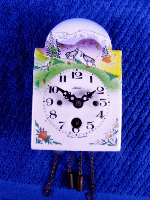 Vintage German Mini Enamel Wall Clock - Mountains and Goats on Face