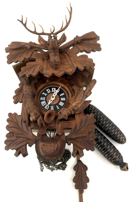 Vintage Germany Black Forest Hunter Style Cuckoo Clock Working Elk Antlers Rabbi