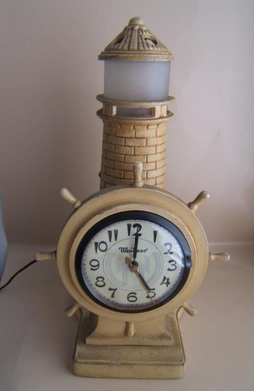 VINTAGE GIBRALTAR CO. JERSEY CITY, NJ SHIP'S WHEEL WINDSOR CLOCK LIGHTHOUSE