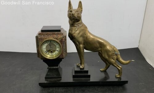 Vintage Gold-Tone Black Mid Century Modern Wolf Art Deco Table Top Mantel Clock