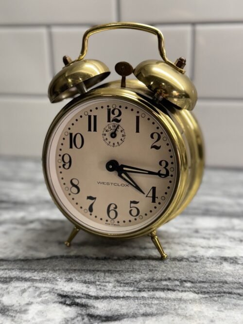Vintage Gold-Tone Double Bell Alarm Clock Second Wind Up Glowing Hands Retro