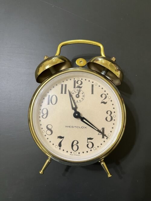 Vintage Gold-Tone Double Bell Alarm Clock Second Wind Up Glowing Hands Retro