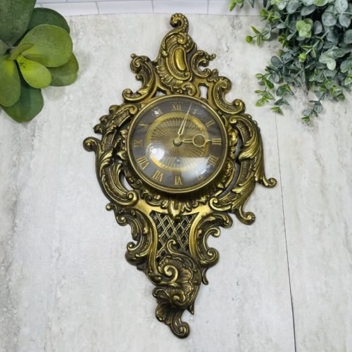 Vintage Gold Baroque Wall Clock Cast Metal 17" Hollywood Regency Convex Glass