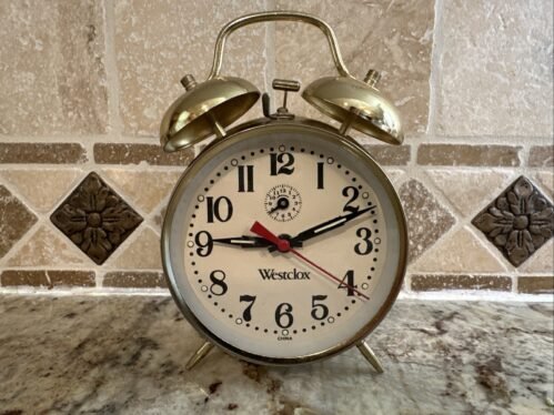 Vintage Gold Tone Westclox Double Bell handle Glow Alarm Clock Works Great