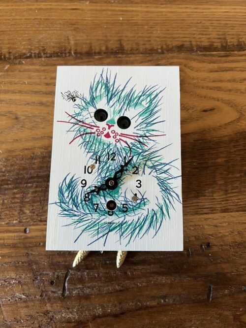 Vintage Googly Moving Eye German Cat Key Wind Pendulette Mini Wall Cuckoo Clock