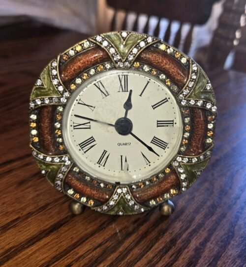 Vintage Gorgeous Enameled Jeweled Clock Quartz