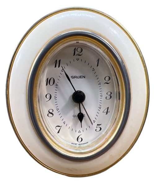 Vintage Gruen West Germany Brass Oval Ivory Gold Small Mantle Alarm Clock(Works)