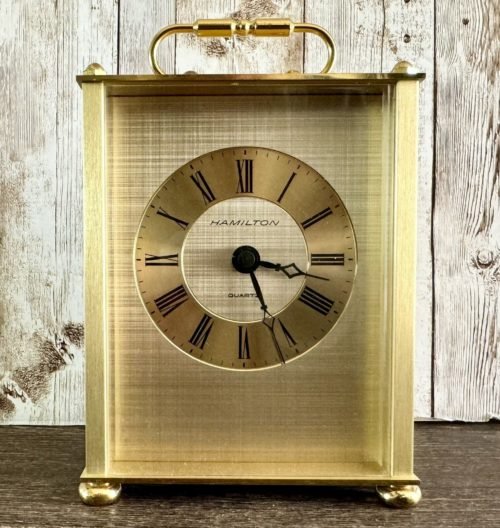 Vintage Hamilton Germany Solid Brass Quartz Carriage Desk Clock #670399 - WORKS