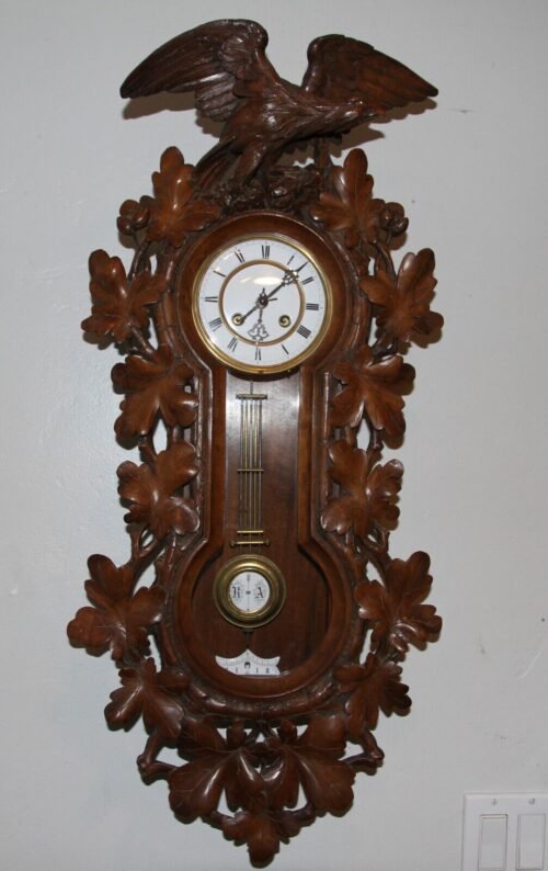Vintage Hand Carved Eagle & Oak Leaf Ornate Oak Wall Mount Clock 33" x 16" x 9"