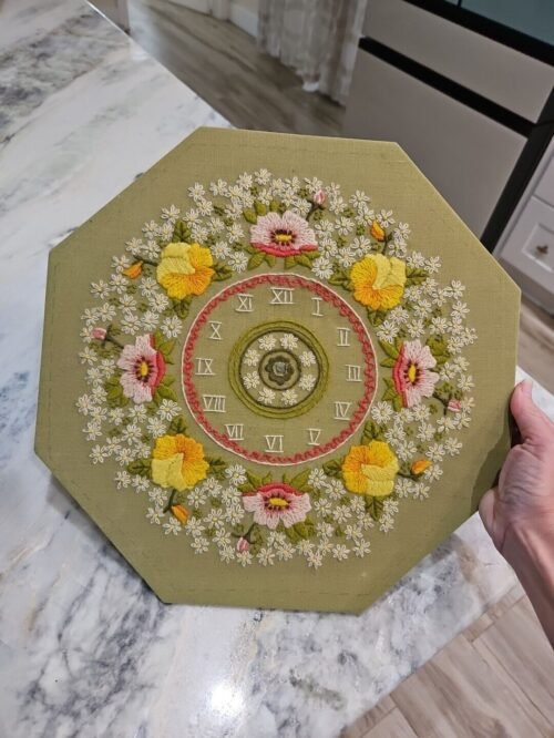 Vintage Handmade Embroidered Clock Wall Hanging Flowers Unframed Cottagecore