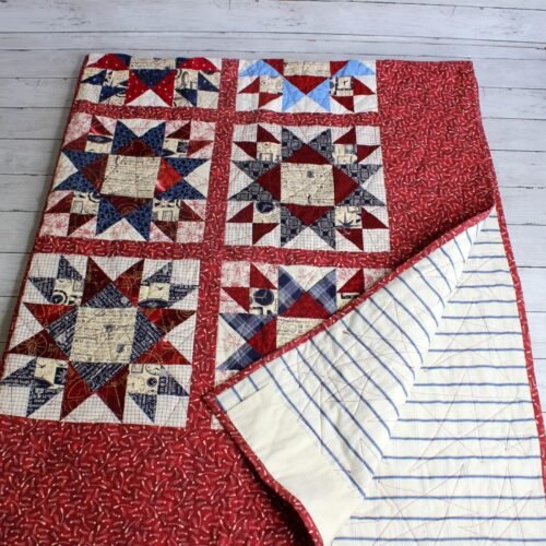 Vintage Handmade Farmhouse Patchwork Quilt Bedspread Cotton Blue Red Feedsack