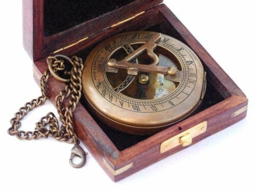 vintage Handmade Nautical Brass Sundial Compass with Chain & Wooden Case Gift