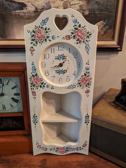 Vintage Hand Painted Floral Wall Clock with Shelf Cottagecore Farmhouse Country