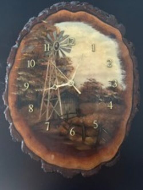 Vintage Hand Painted Wooden Walnut Slab Wall Clock ~ Rustic Farm Windmill Scene