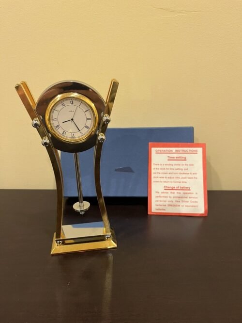 Vintage Heavy Two Tone Brass Stainless Desk Clock 7” NEVER USED Stone & Webster