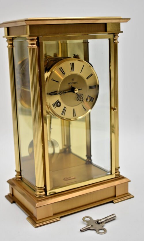 Vintage Hermle Montreux Crystal Regulator Clock 2 Bell Chime Brass & Glass w/Key