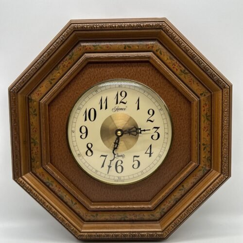 Vintage Homco Octagon Shaped Wood Floral Wall Clock Quartz Battery Operated