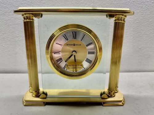 Vintage Howard Miller 613-627 Athens Solid Brass & Glass Table Clock. Mint!