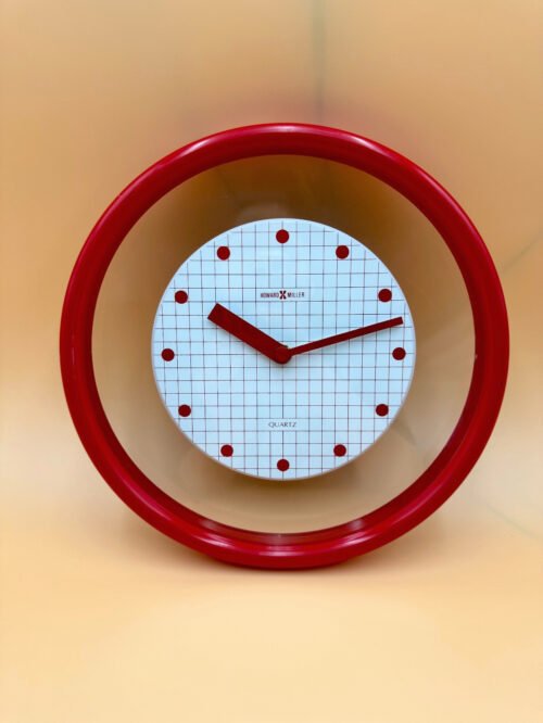 Vintage Howard Miller Postmodern Wall Clock Memphis Floating Check Face Red Rim