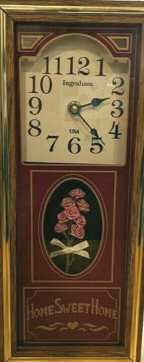 Vintage Ingraham Wall Clock Home Sweet Home Roses Maroon/Gold USA Quartz Cute