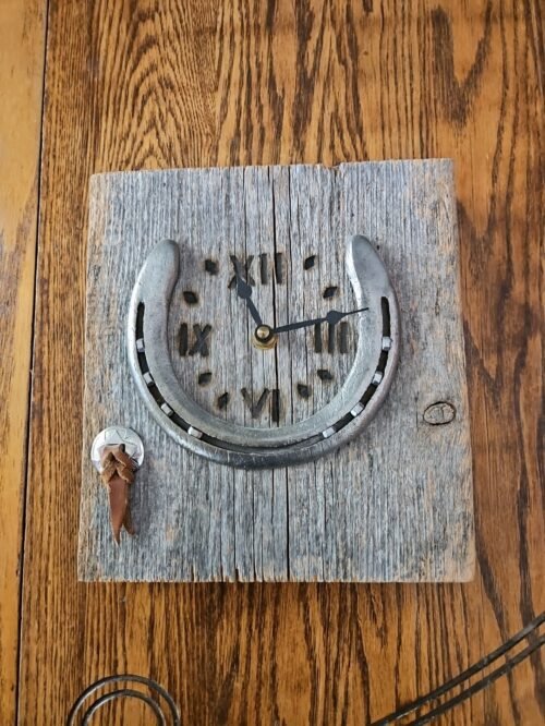 Vintage Ira Felz Horseshoe Wall Clock Western Rustic Wood Burned Numerals Cowboy