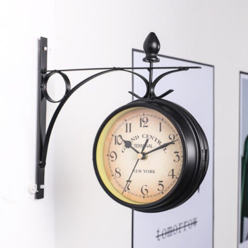 Vintage Iron Wall Clock Double Faced Clock Cafe Bar Living Room Wall Decoration