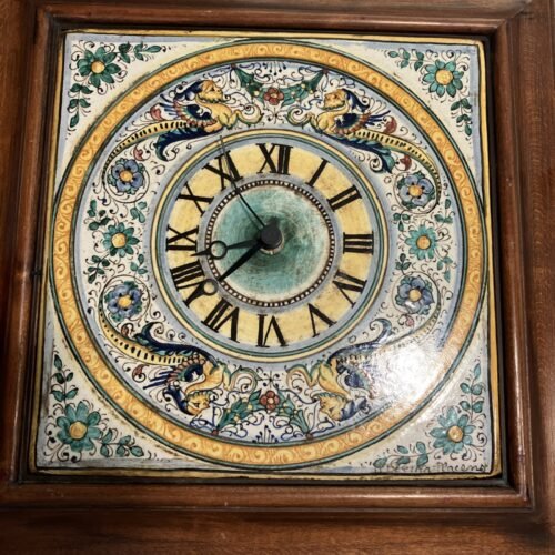 Vintage Italian Ceramic Wall Clock Deruta Signed, Majolica Pottery w/ Wood Frame