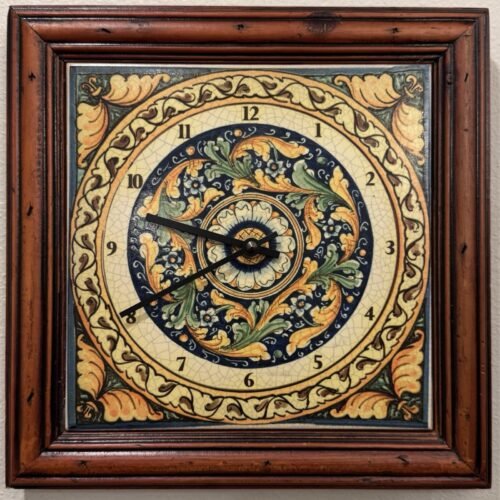 Vintage Italian Ceramic Wall Clock Deruta Style, Majolica Pottery w/ Wood Frame