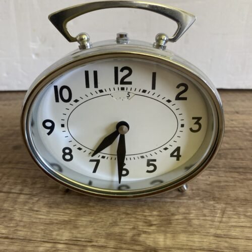 Vintage JAZ Alarm Clock Mechanical System Beige Metal Domed Dial Works 5"X4" in