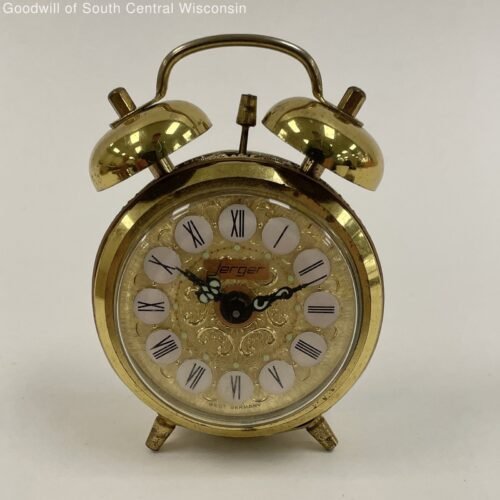 Vintage JERGER West Germany Gold Toned Ornate Filigree Table Top Alarm Clock