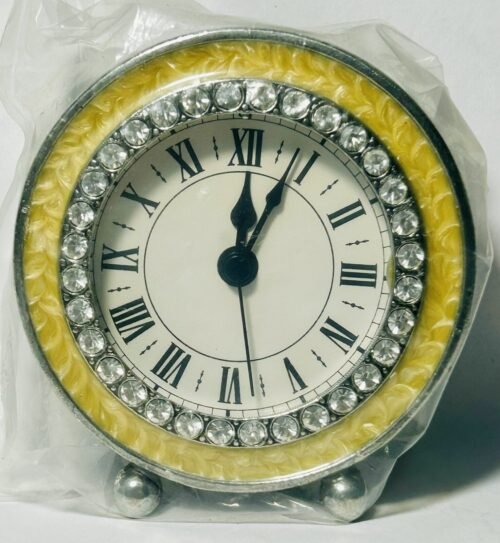 Vintage Jeweled Diamond Studded Enamel Metal Framed Footed Vanity Clock USA New