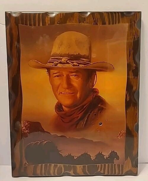 Vintage John Wayne Lacquered Plywood Wall Hanging 18 1/2” x 15" NO CLOCK - USA