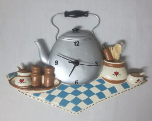 Vintage Kitchen Wall Clock Tea Pot Blue White Checker by Collections Etc