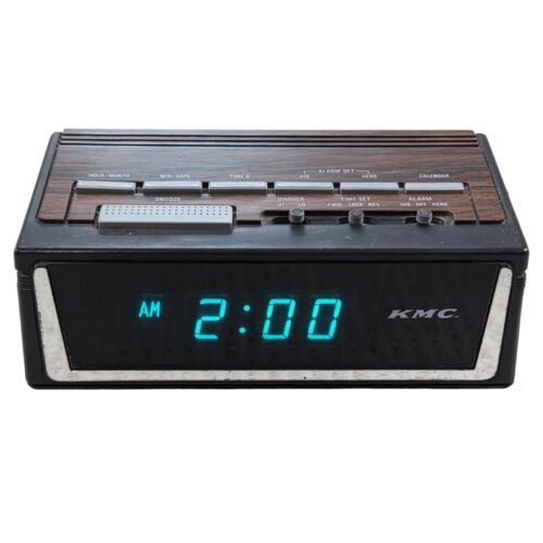 Vintage KMC 908 Fluorescent Digital Alarm Clock Faux Woodgrain Retro