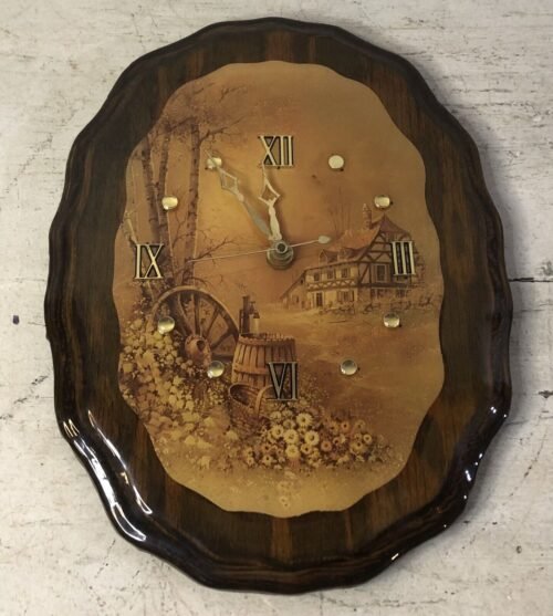 Vintage Lacquered Wood Wall Clock Litho Country Cottage Well Wagon Wheel Scene
