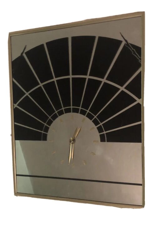 Vintage Large Framed MIRROR WALL CLOCK Black Gold 16 x 20 ART DECO GC