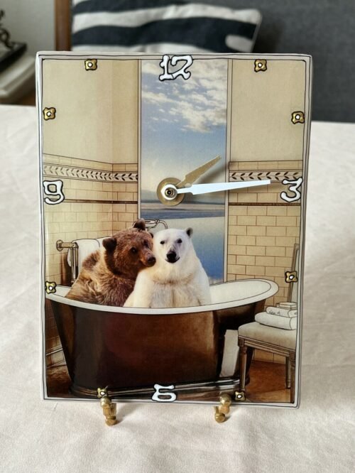 Vintage LEA ALBOHER Tile Wall Clock - What A Pair - Polar Bear/Grizzly Bear Art