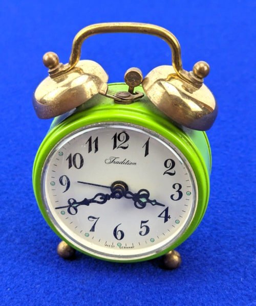 Vintage Lime Green Tradition Twin Bell Alarm Clock West Germany MCM Brass Glow